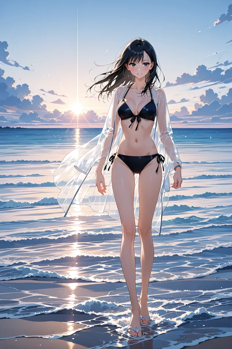 黒いビキニに白いシャツを羽織った美少女が、夕焼けに輝く海辺に佇んでいます。柔らかな光と波のきらめきが印象的な、アニメ調の夏景色ポートレートです。