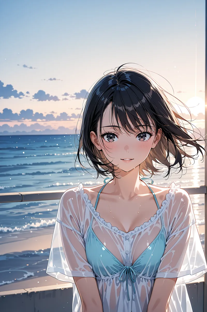 サンセットの輝く海を背に、青いドレスに白いシャツを合わせた黒髪の少女がやさしい笑顔で振り返る。光に包まれた屋外ポートレート、清楚な雰囲気のアニメ調イラストです。