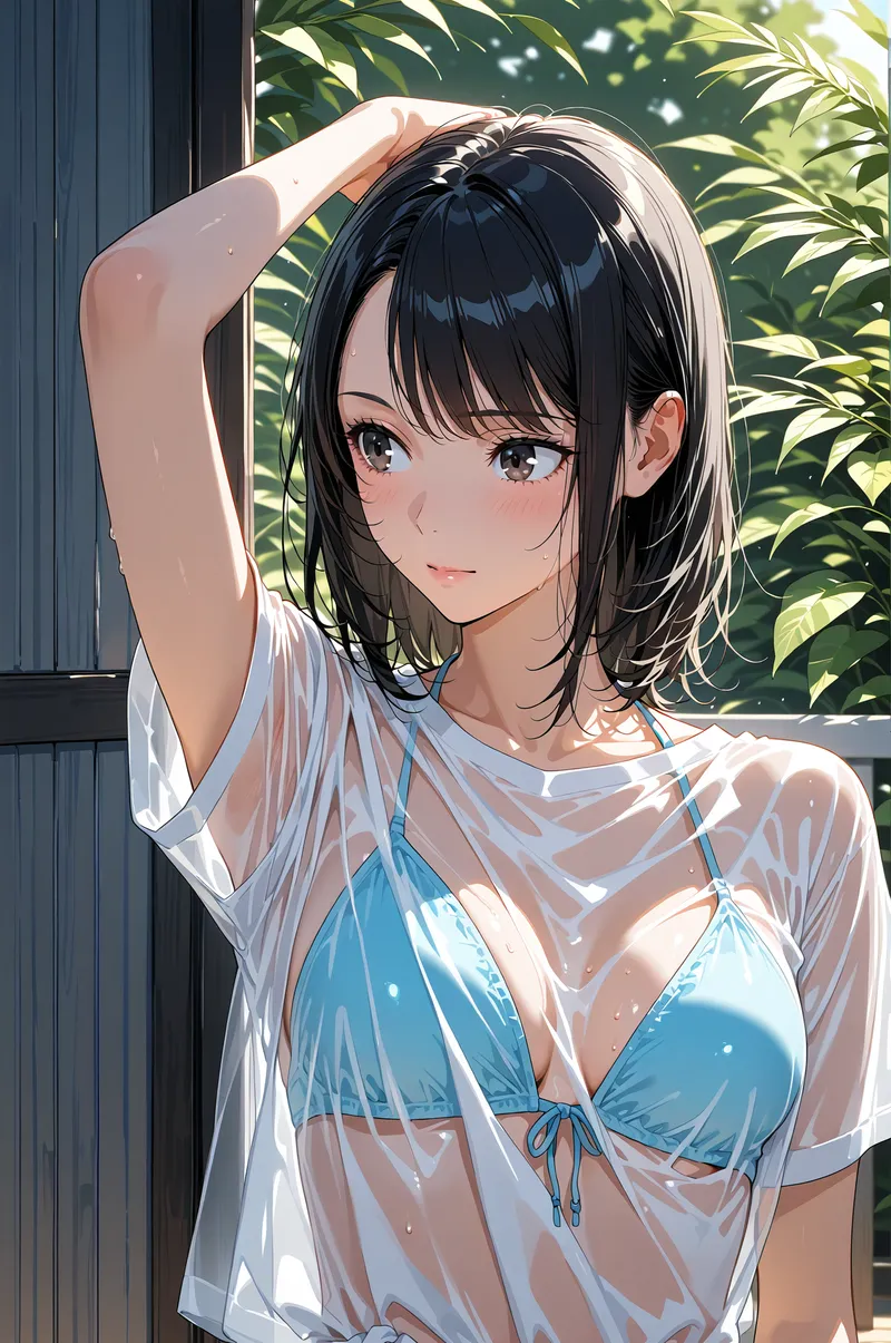 黒髪に白いシャツを羽織ったアニメ調の美少女が、窓辺で髪に手を添えて微笑む様子を描いたイラスト。背後の緑の植物と光が溢れる夏らしい雰囲気の一枚です。