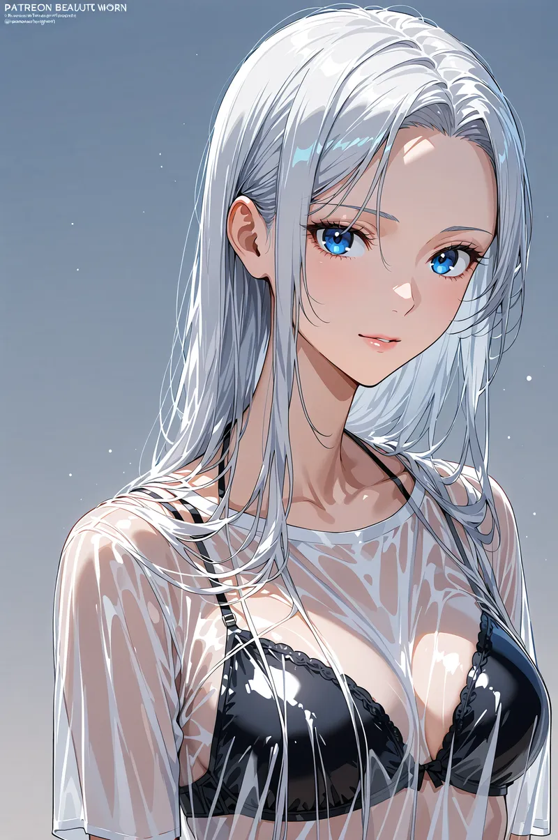 澄んだ青い瞳が印象的な銀髪の美少女ポートレート。透け感のある白いシャツとシックな黒のインナーを合わせた洗練された装いで、柔らかい光と落ち着いた青灰色の背景が上品さを引き立てています。