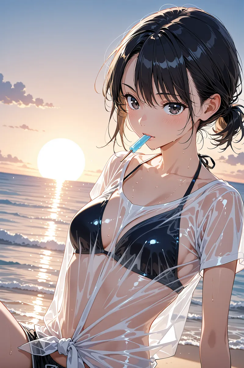 黒髪をゆるくまとめた少女が、夕日が反射する海を背景に、爽やかな笑顔でアイスキャンディを手に持っています。白いシャツと黒い水着姿で、夏の開放的な雰囲気に包まれたアニメ調ポートレートです。