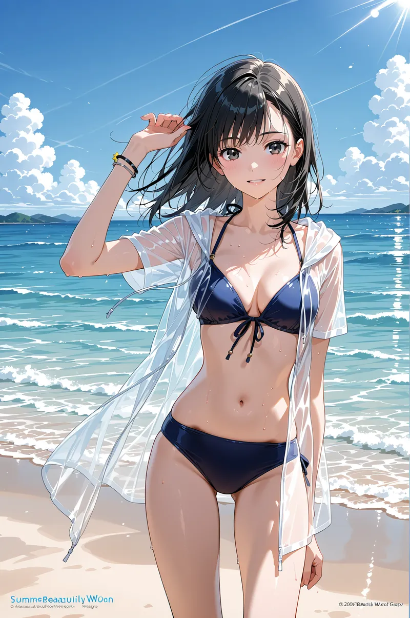 青い海と白い雲に包まれた海岸で、黒髪の少女が爽やかな表情を見せています。透明感のあるシャツを羽織り、明るい日差しの中で髪を整える仕草が印象的な、夏の風景を切り取ったアニメ調イラストです。