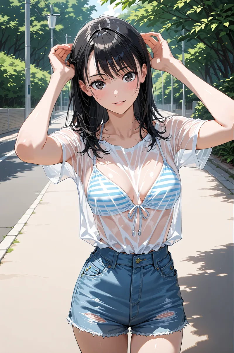 新緑の木々に囲まれた公園で、白いシャツとデニムショーツを合わせたカジュアルスタイルの少女が髪に手を添えて微笑んでいます。透き通る光と爽やかな背景が印象的なアニメ調イラストです。