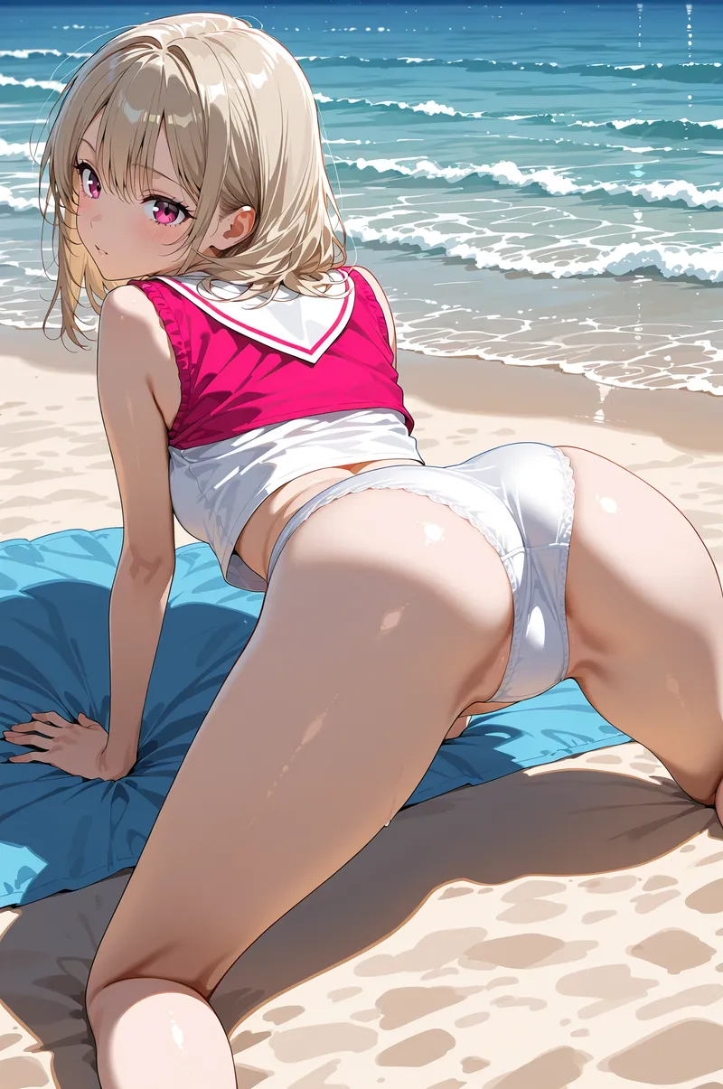 澄んだ海と砂浜を背景に、明るいピンク色の瞳が特徴的な美少女がアニメ調で描かれています。白い短髪と濃いピンクのスポーツトップの爽やかな着こなしが、夏の海辺の雰囲気を引き出しています。