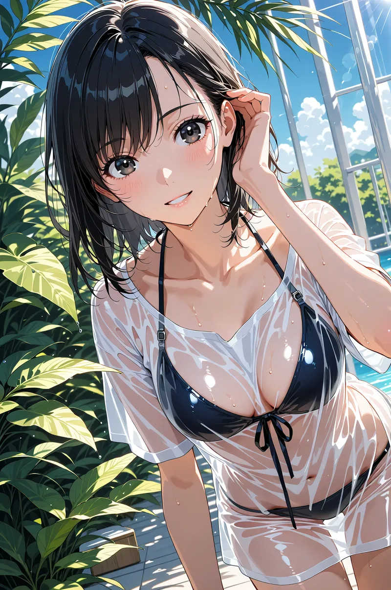 青空と緑の植物に包まれた明るい窓辺で、黒髪の少女が優しく微笑みながら髪を触れる瞬間。透明感のある白いシャツとアニメ調の柔らかな表情が印象的なポートレートです。