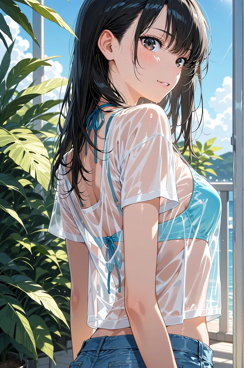 黒髪ロングヘアに青のリボンを結んだ美少女が、観葉植物に囲まれた明るい窓辺で振り返る瞬間を捉えたアニメ調イラストです。白いシャツと青いボトムスの爽やかな色合いが、青空と海の見える背景と調和した一枚です。