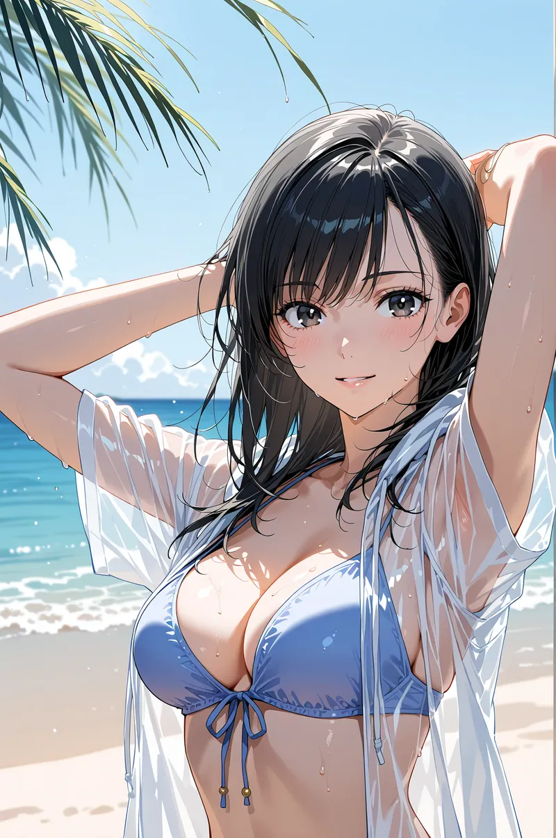 透き通るような白いシャツをはおった黒髪の少女が、青い海と空を背景に優雅な笑顔を見せるアニメ調イラストです。やさしい表情と爽やかな夏の情景が調和した一枚。