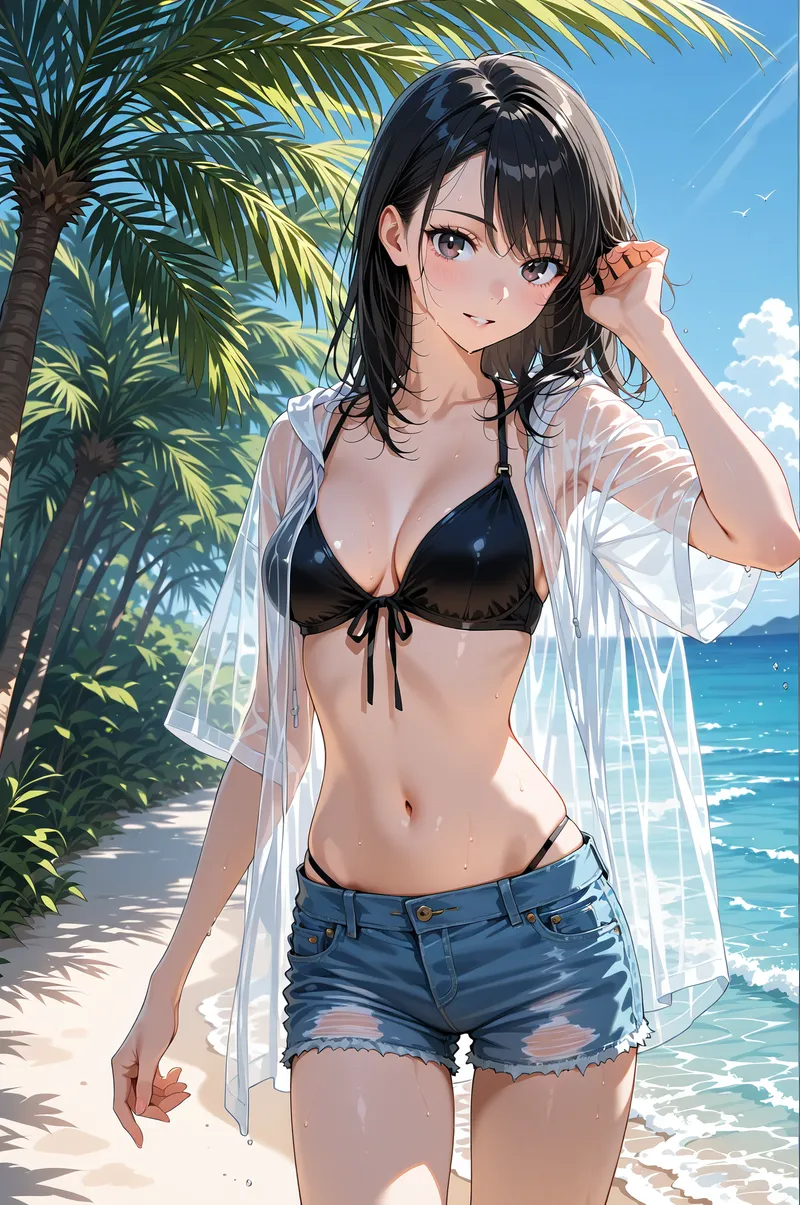 青い空とヤシの木に囲まれた海辺で、白いシャツを羽織った黒髪の少女が爽やかな笑顔を見せています。透明感のある肌と清潔感あふれる夏のファッションが印象的なアニメ調イラストです。
