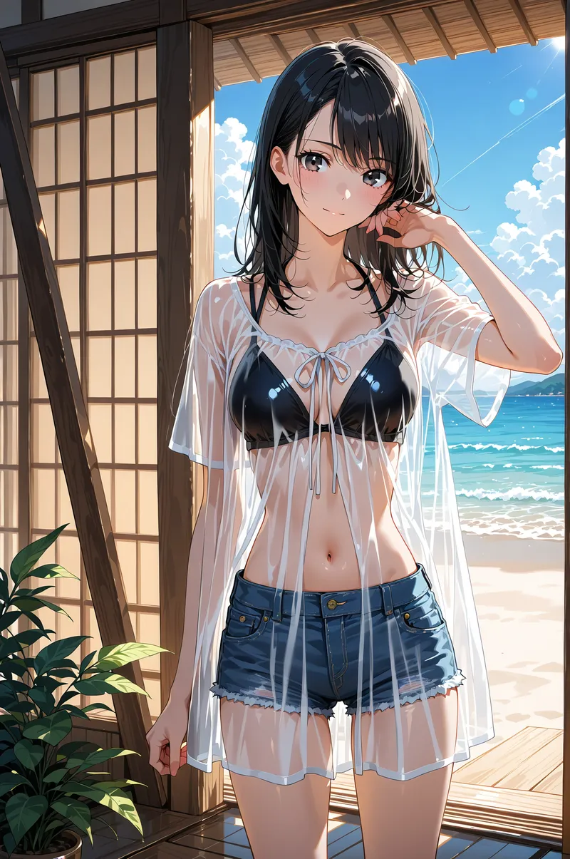 青い海を背景にした開放的なテラスで、黒髪ショートヘアの少女が佇んでいます。透明感のある白いシャツを羽織り、黒のビキニとデニムショーツを合わせた夏らしい装いで、穏やかな表情で視線を向けています。