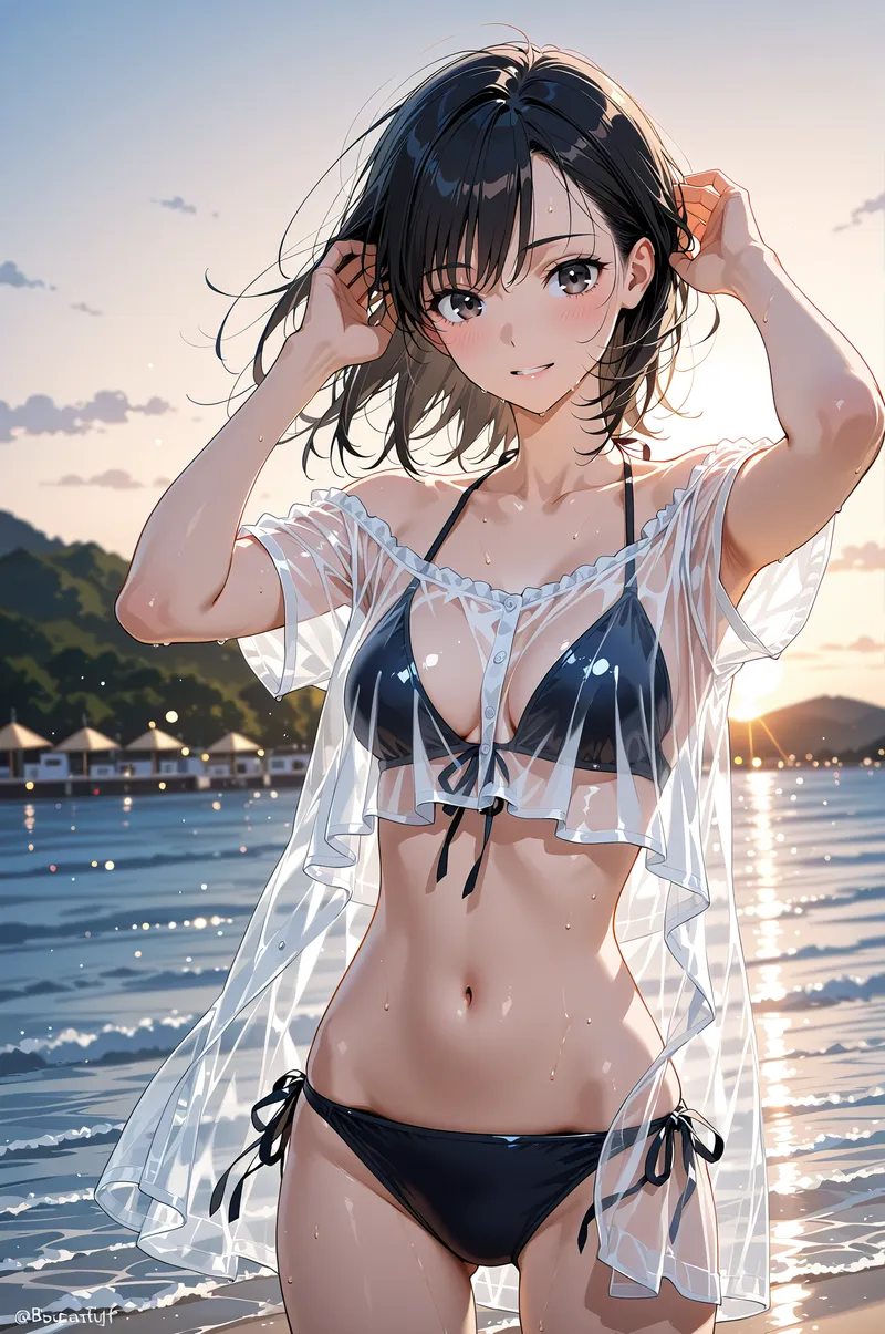 黒髪をなびかせた美少女が夕日に染まる海岸に佇むアニメ調イラスト。白いシャツを羽織り、夕暮れの光を浴びながら穏やかな表情を見せるワンシーンです。