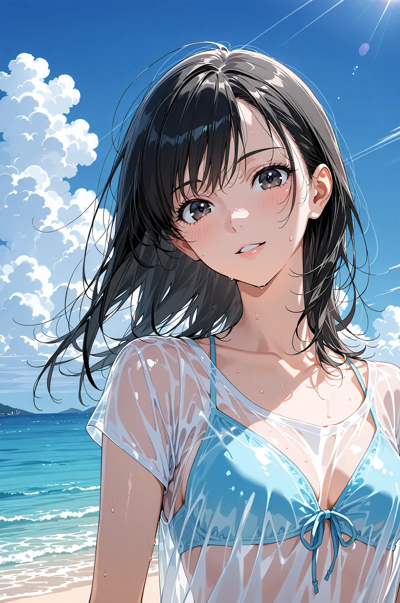 青い空と海を背景に、黒髪の少女が清涼感のある白とブルーの水着で優しく微笑んでいます。日差しの中で輝く瞳と、自然な表情が魅力的なアニメイラスト作品です。