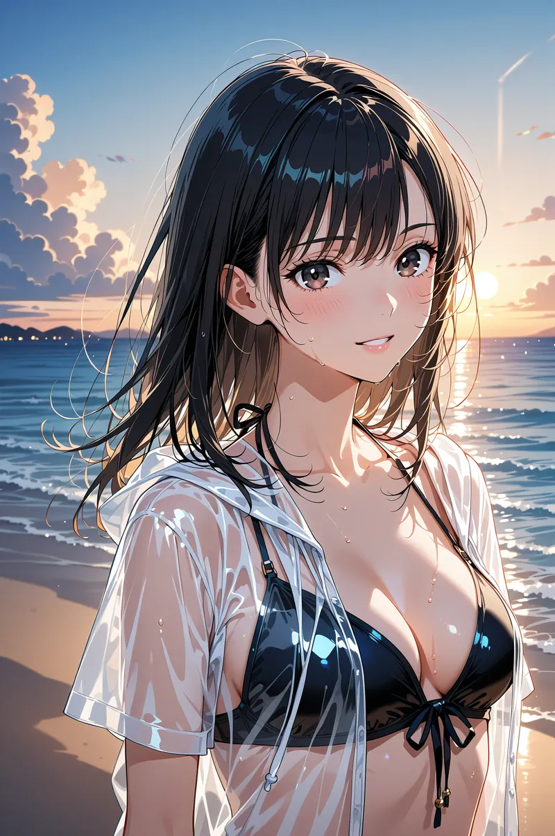 黒髪に前髪を落とした少女が、夕焼けに染まるビーチで振り返る瞬間を捉えたアニメ調イラスト。透け感のある白いシャツと紺の水着姿で、海の光の中での柔らかな表情が印象的です。