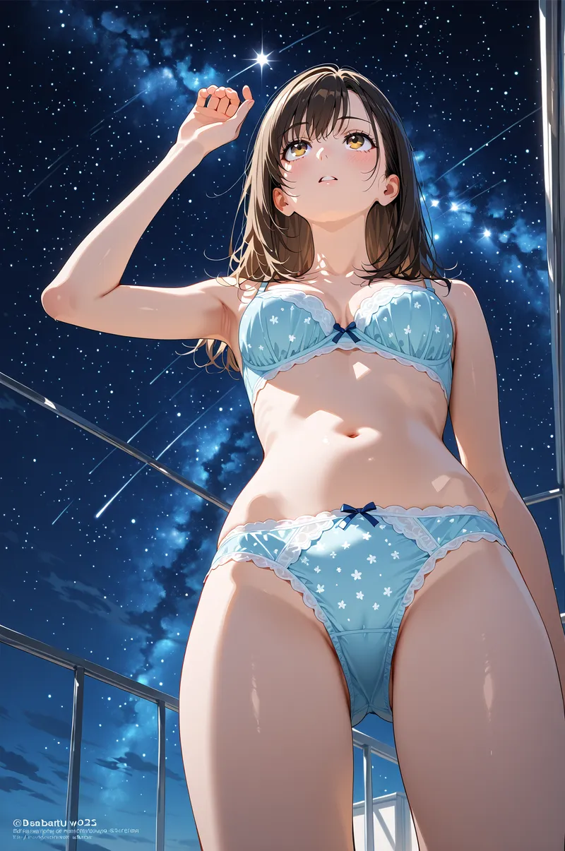 深い夜空を背景に、星々を指でそっと触れるような仕草の少女を描いたアニメ調イラスト。黒髪に金色の瞳、優しい表情で上を見つめる姿が印象的です。