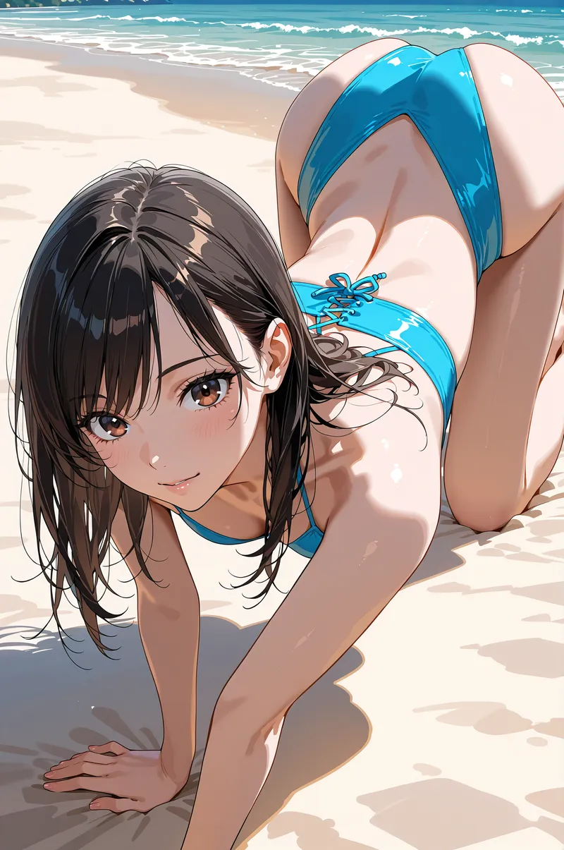 透き通るような青い水着姿の少女が、白砂の浜辺でカメラに向かって優しく微笑んでいます。黒髪が風になびき、背後には波の寄せる海が広がる、夏の開放感あふれるアニメ調イラストです。