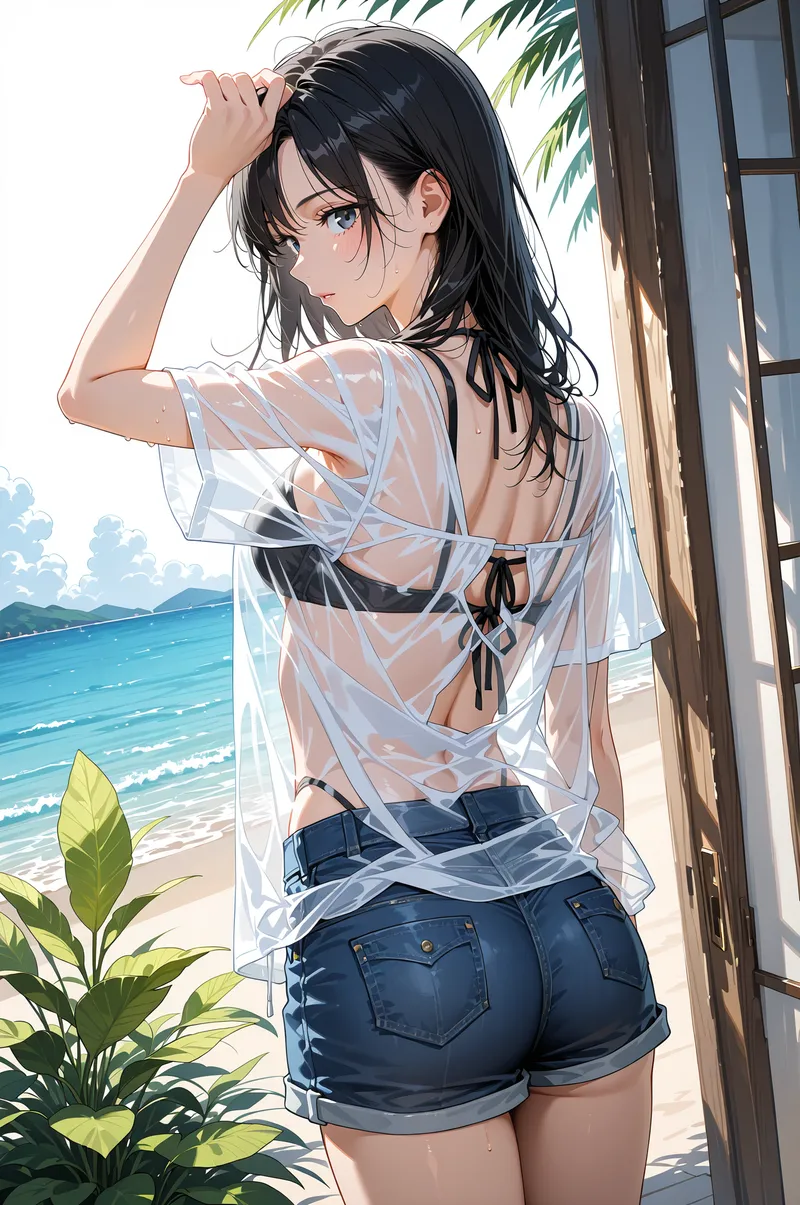 海辺のテラスで髪をかき上げる黒髪の少女を描いたアニメ調イラスト。透けた白いシャツと紺色のショートパンツ、爽やかな南国の景色が印象的な夏のポートレート。