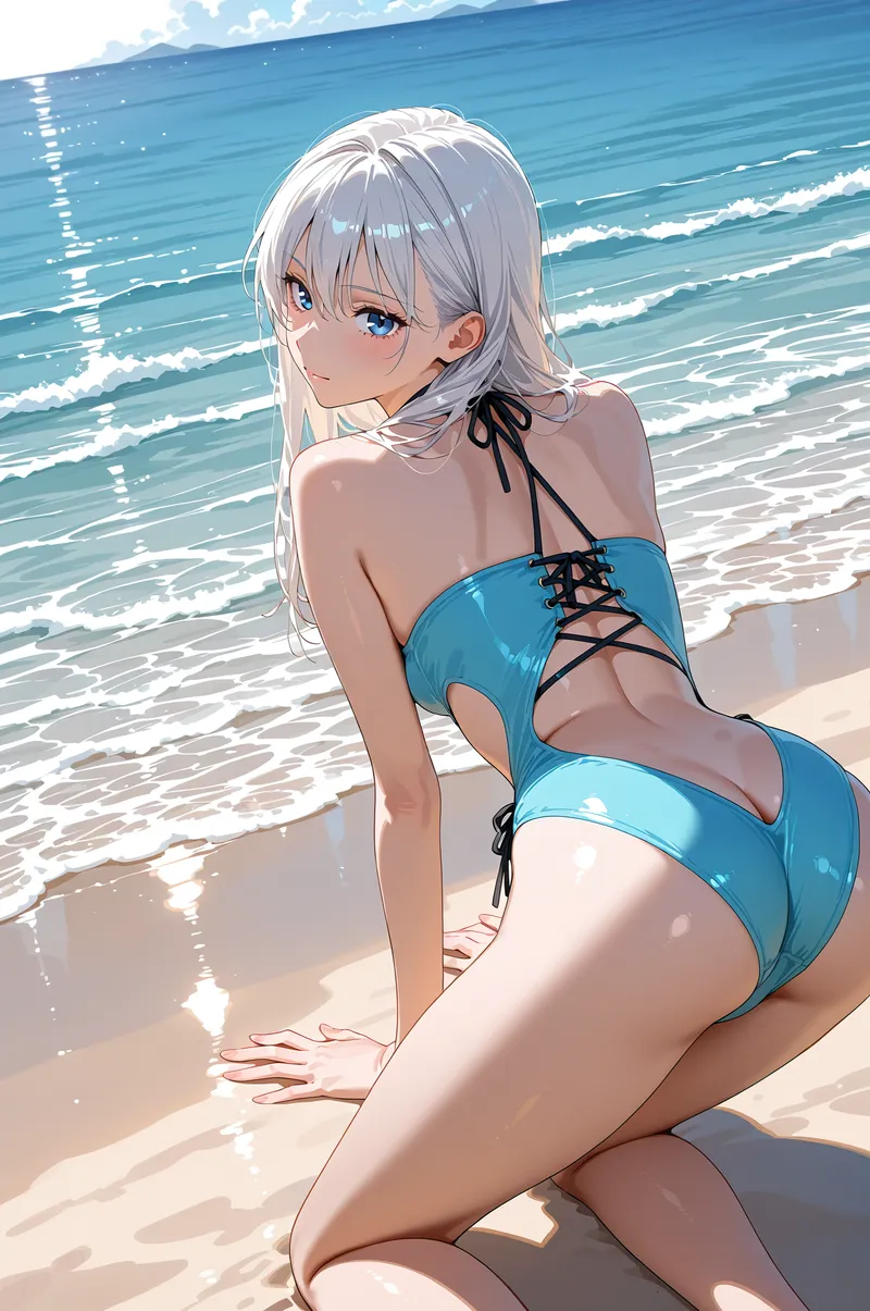 澄んだ青い海と白い砂浜を背景に、銀髪の優しい表情の少女がポートレート撮影されています。黒いリボンで飾られた青いビキニを身につけ、爽やかな夏の浜辺の雰囲気が表現されたアニメ調イラストです。