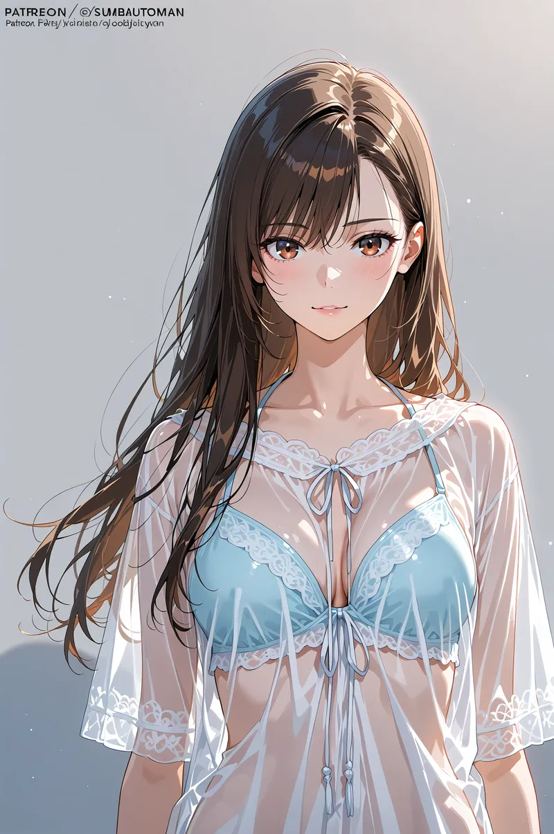 黒く長く流れるロングヘアと優しい瞳が特徴的なアニメ調イラストです。淡いブルーのレースで彩られた白いシアー素材の上衣を身にまとい、穏やかな笑顔で佇む少女のポートレート。柔らかな光が顔を照らし、清潔感あふれる魅力的な一枚です。