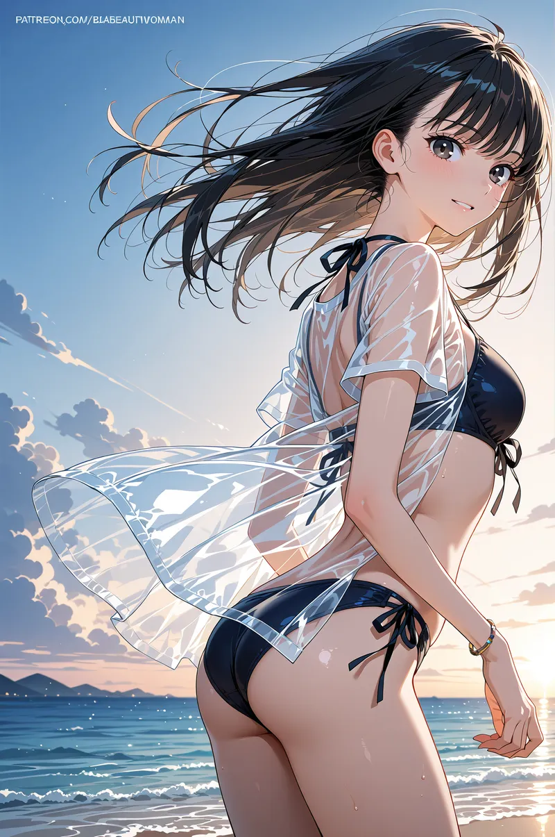 晴れ渡った空と海を背景に、黒髪がなびく少女を描いたアニメ調イラストです。透明感のある衣装と爽やかな表情で、夏の海辺の幻想的な雰囲気を表現しています。