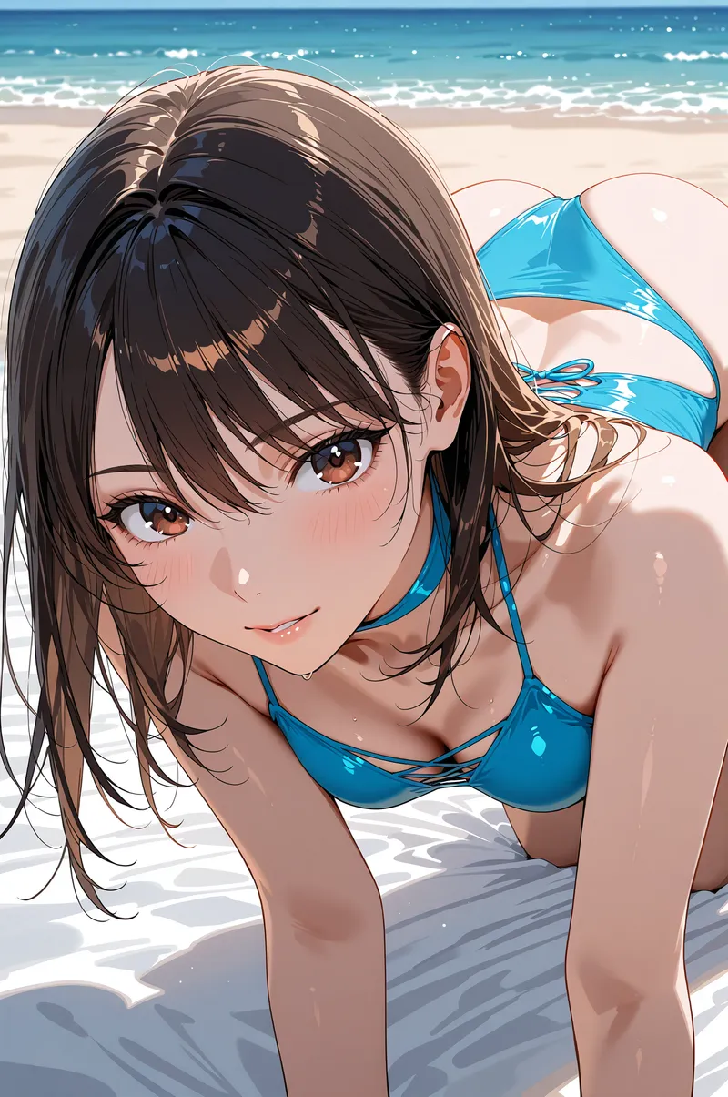 ブルーの水着を身に着けた少女が、波打つ海を背景に柔らかな笑顔を見せるアニメ調イラストです。茶色く流れる髪と瞳が印象的で、砂浜の光と影が優しく表情を包み込んでいます。