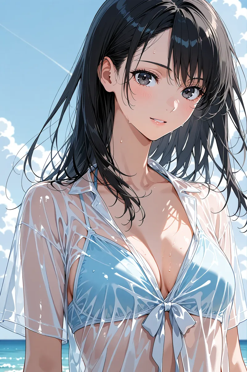 爽やかな青空を背景に、黒髪をなびかせながら優しく微笑む美少女のアニメ調イラストです。清潔感のある白と青の衣装と、穏やかな表情が印象的な屋外ポートレート作品です。
