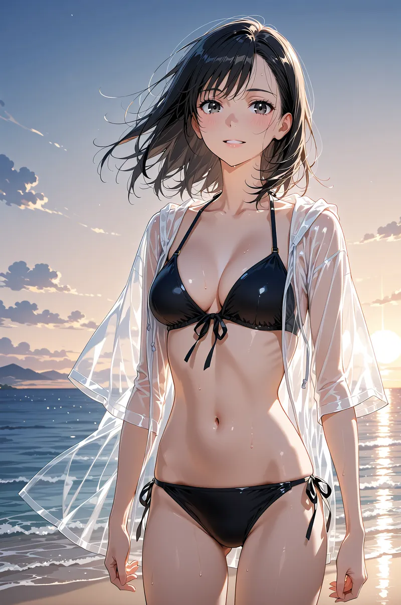 黒のビキニに透き通った白いシャツを羽織った女性が、夕焼けの海辺に佇んでいます。黒髪が風になびき、落ち着いた表情で遠くを見つめる姿が印象的な一枚です。