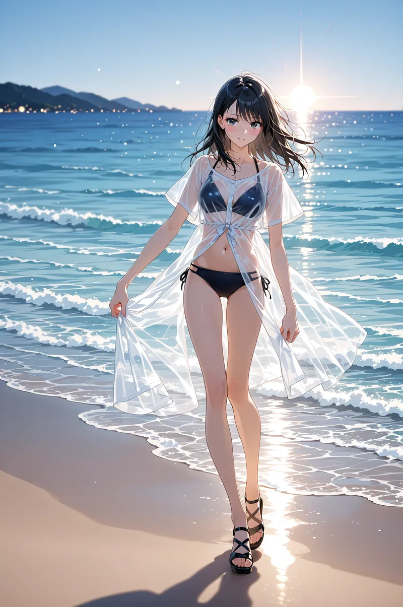 波打つビーチでカジュアルな装いの少女が爽やかに佇む。透明感ある白いシャツが心地よく揺れ、背景には夕焼けと輝く海が広がるアニメ調イラストです。