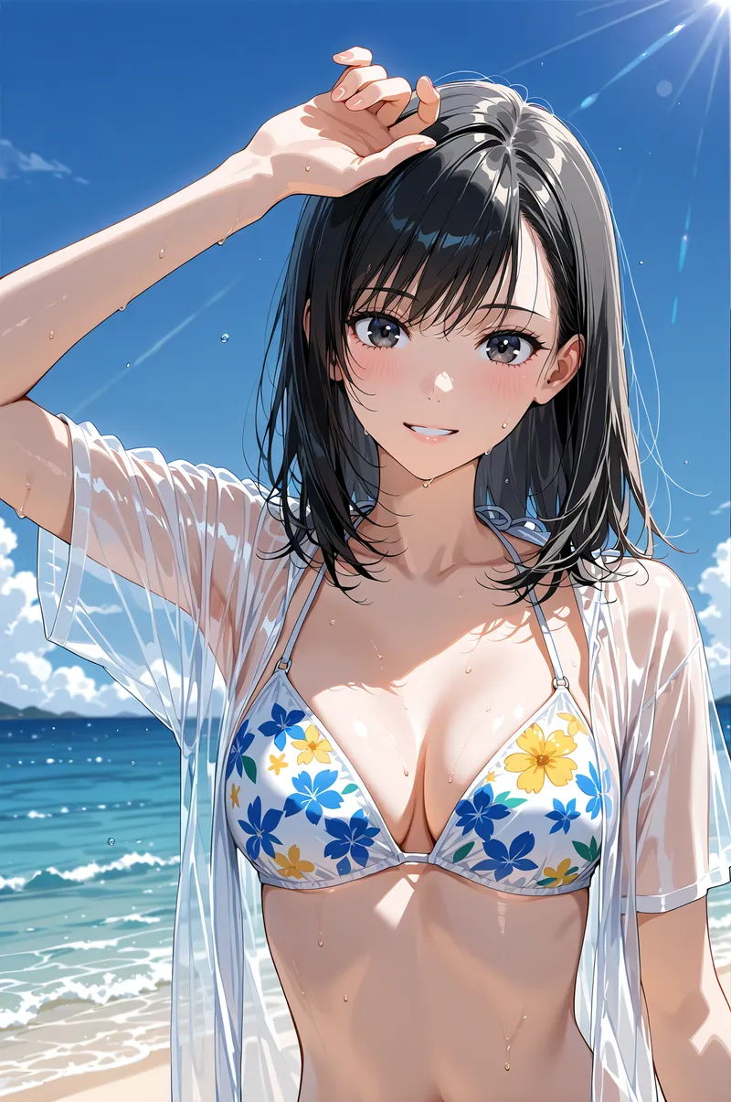 澄んだ青空と海を背景に、黒髪をなびかせた少女が爽やかな笑顔で佇む。花柄の水着姿に透け感のあるシャツをはおり、陽光に照らされた肌の質感が丁寧に描き込まれた夏の屋外ポートレートです。