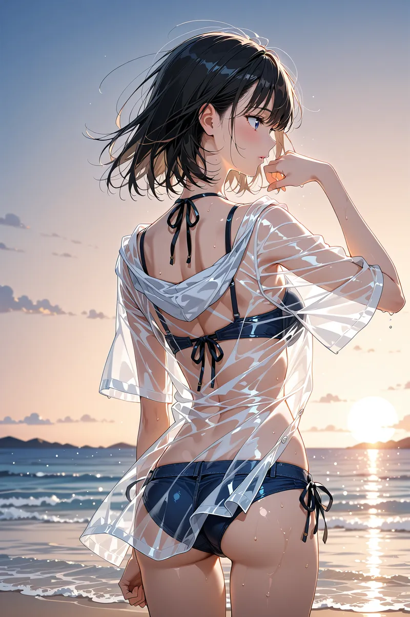 夕方の海を背景に、黒い短髪をなびかせながら笑顔を見せる美少女のアニメ調イラストです。透け感のある白いシャツを羽織った涼しげな夏の装いが、黄金に染まる空と波のきらめきに映えます。