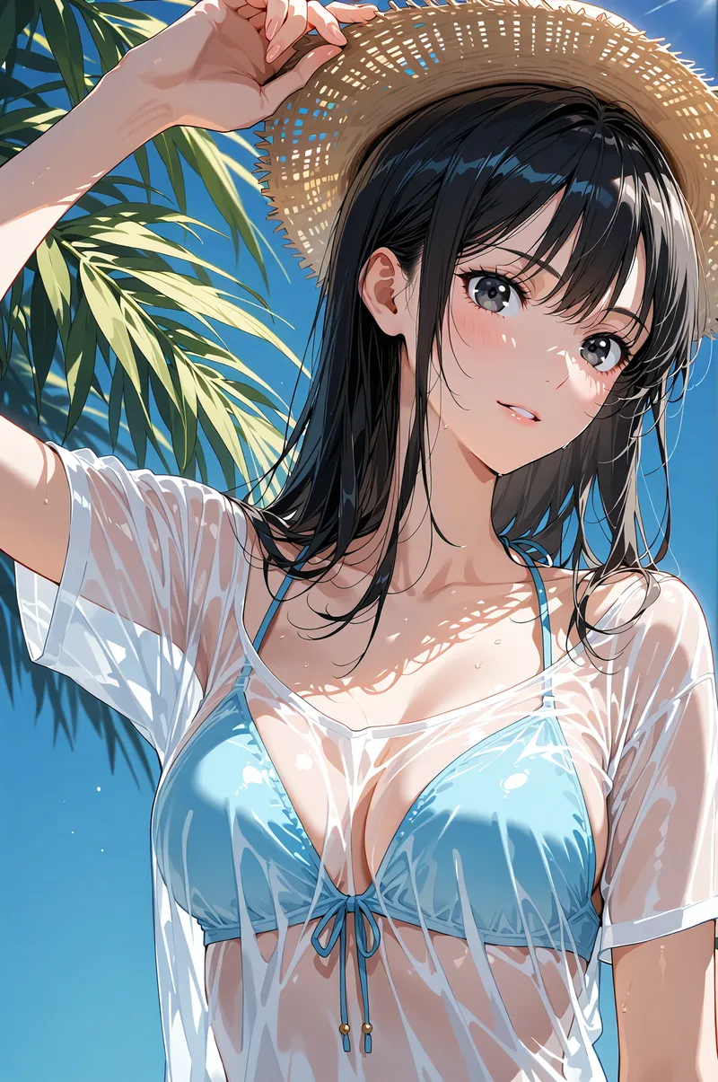黒髪の美少女が麦わら帽子を被り、爽やかな青空を背景に微笑む夏のイラスト。白いシャツと薄い素材の衣装で、南国の日差しが心地よく光る清涼感溢れる一枚です。
