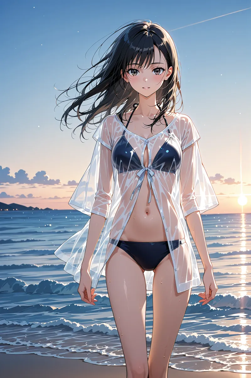 透光性のシャツを羽織った黒髪の美少女が、夕焼けに染まる海辺に立っています。清涼感あふれるアニメ調の描写で、波打つ白い砂浜と青く穏やかな空が印象的なポートレートです。