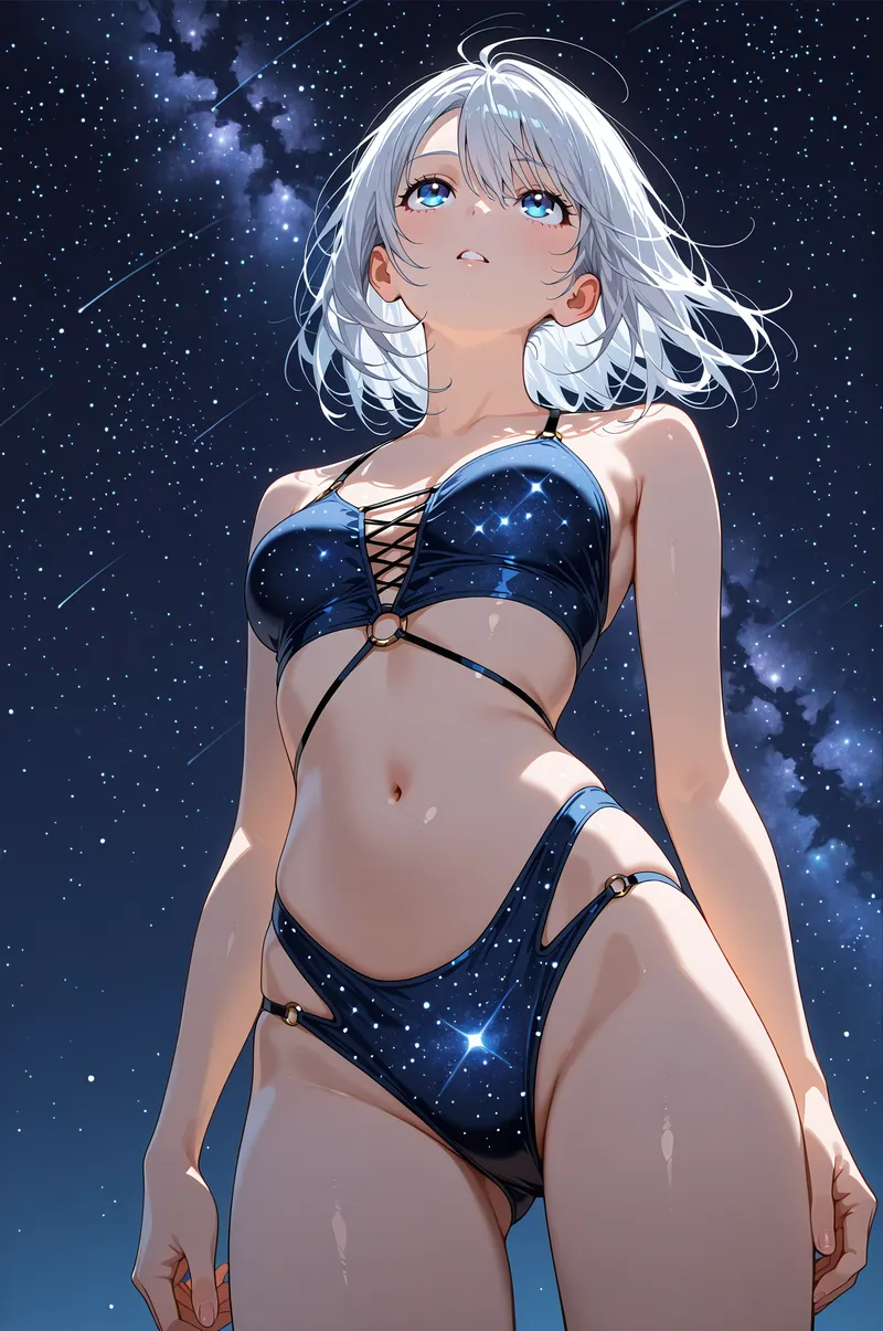 銀髪をなびかせ、澄んだ青い瞳で夜空を見つめる美少女。宇宙をモチーフにした紺色の水着と、夜空に輝く星々が調和した幻想的なポートレートです。