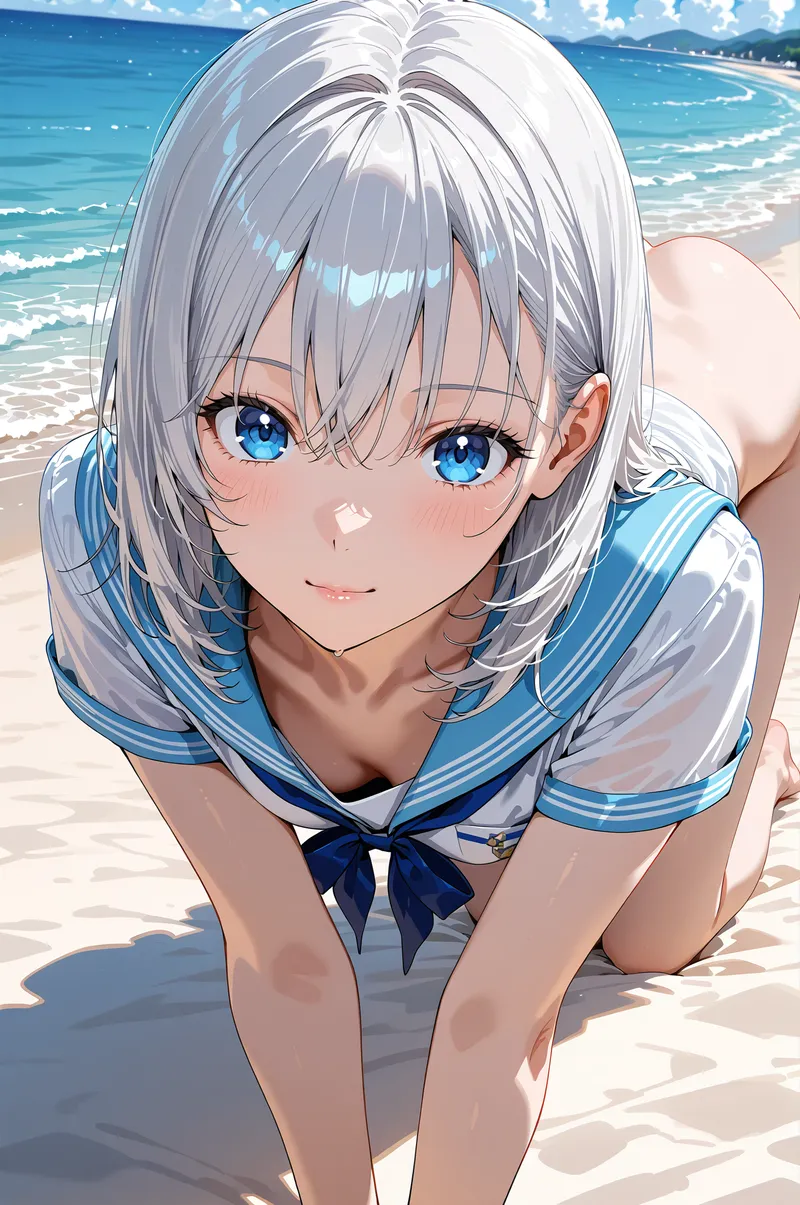 清涼感あふれる海辺を背景に、白髪とサファイアブルーの瞳が印象的な少女が微笑む。セーラー風の爽やかな衣装と自然な表情で、夏の思い出を切り取ったアニメ調イラストです。