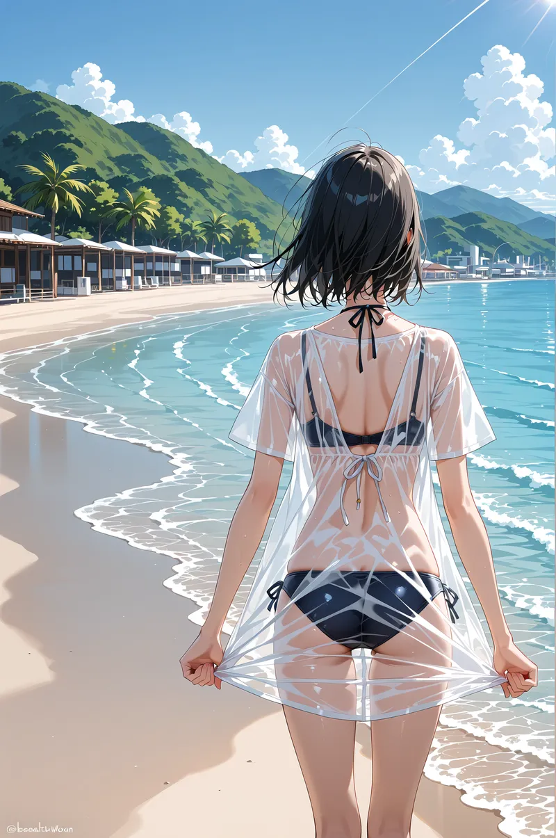 透き通った白いシャツを羽織った黒髪の少女が、青い海と白砂浜を背にして立つ夏のシーン。緑の山々と白い雲が映える晴れた空の下、リゾート地の波打ち際で穏やかに佇む景色です。