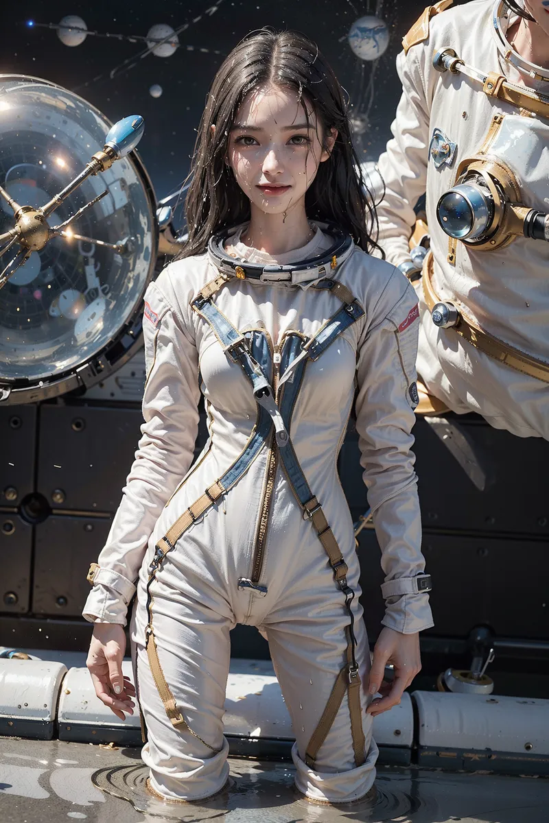 白いスーツと金色の装備で身を包んだ少女が、宇宙ステーション内でポートレート。背景には透明なドーム窓と惑星探査機が浮かぶ、未来的で幻想的な雰囲気のアニメ調イラストです。
