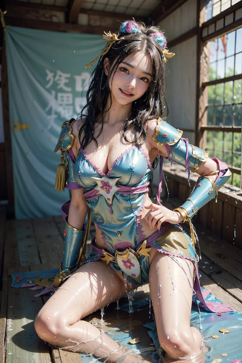 青と紫の古典柄が施された豪華な衣装に身を包み、花飾りをあしらったヘアスタイルで微笑む表情。古い和室の窓から光が差し込む中、自然で優雅な佇まいのアニメ調ポートレートです。