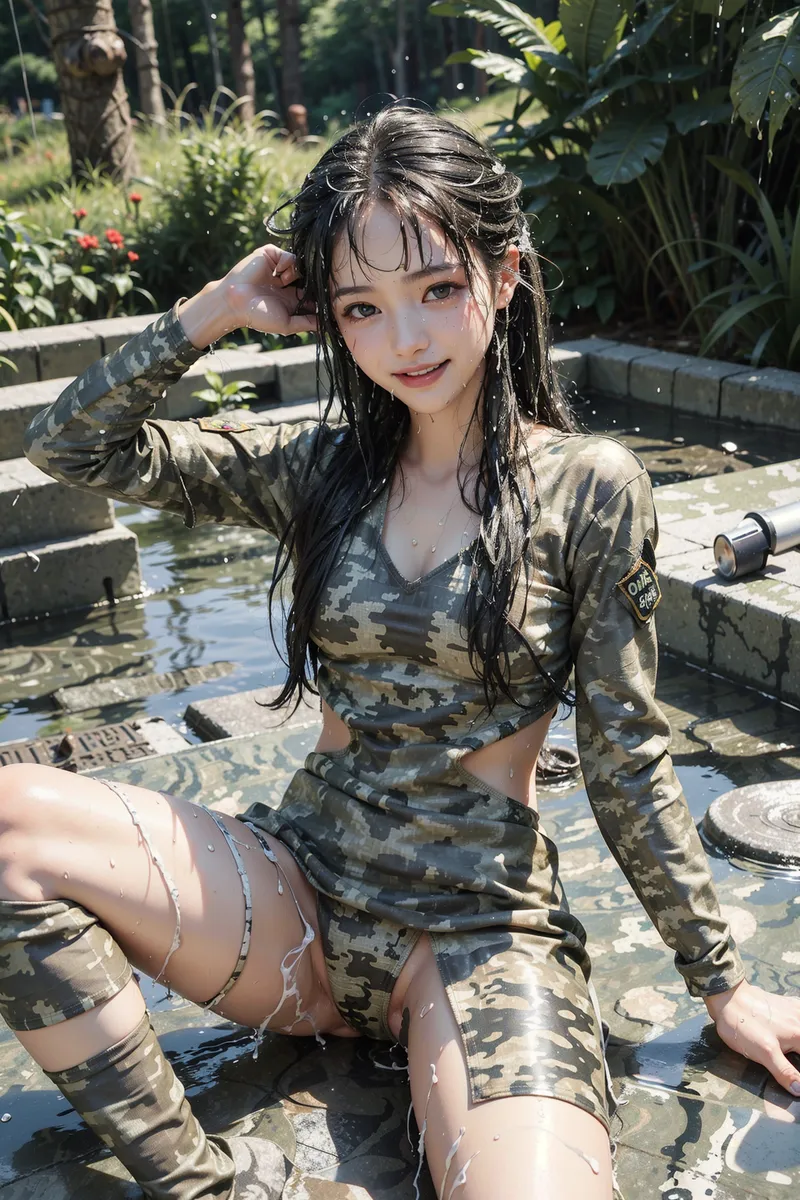 迷彩柄の衣装に身を包み、清流のそばで楽しげに微笑む美少女のアニメ調イラスト。陽光が差し込む自然の中で、濡れた髪と輝く表情が爽やかな夏の一瞬を表現しています。