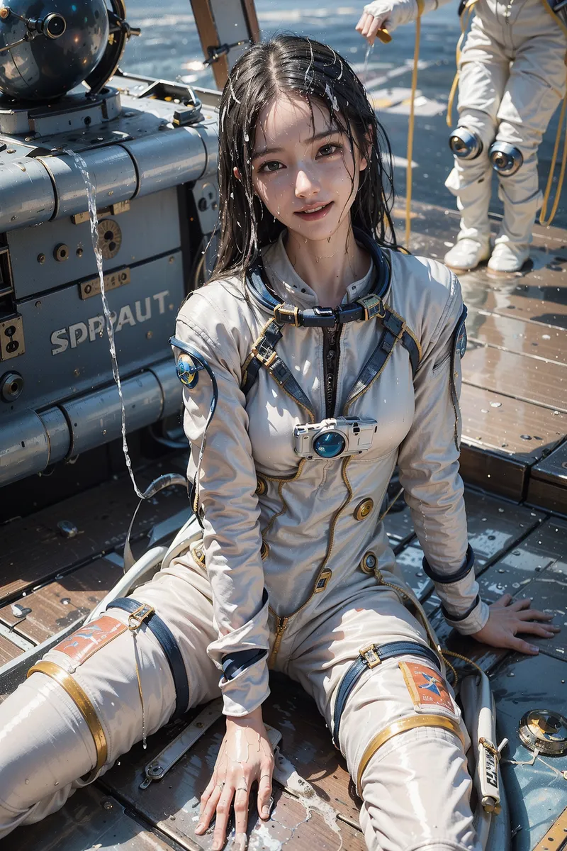 宇宙ステーションの甲板で、白とゴールドのスペーススーツを身につけた少女が爽やかな笑顔で佇んでいます。濡れた黒髪と青い空を背景に、冒険心に満ちた表情が印象的なイラスト作品です。