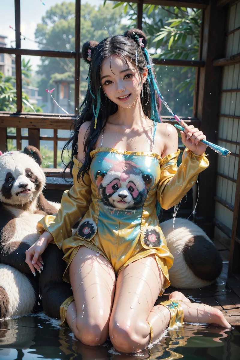 黄金色のワンピースにカラフルなパンダグラフィックをあしらい、青緑のヘアアクセサリーで髪を結った少女が、古い建物の水辺でにこやかに佇んでいます。背景の窓からは緑の景色が見え、光りに包まれた幻想的な雰囲気が特徴です。