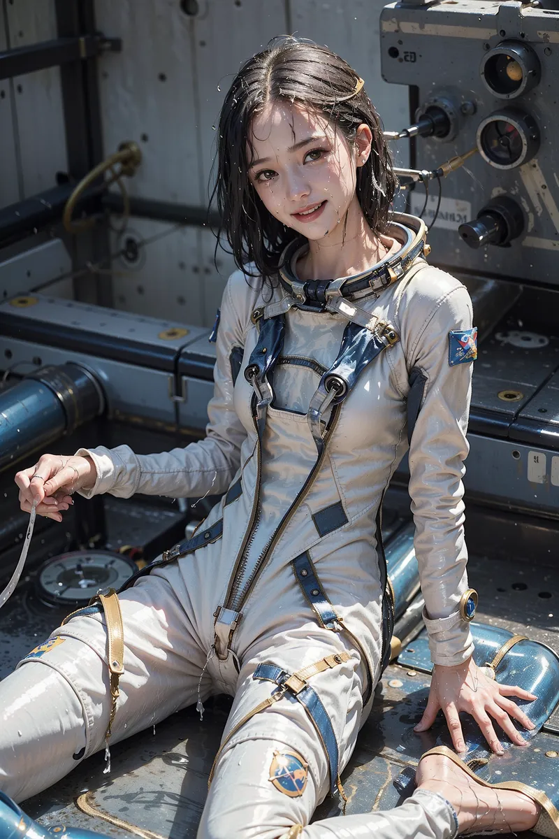 宇宙服を身にまとった美少女が、操作盤の並ぶ船内で柔らかく微笑んでいます。黒髪に差し込む光と、白と紺のスーツが映える、ファンタジックなアニメ調イラスト。