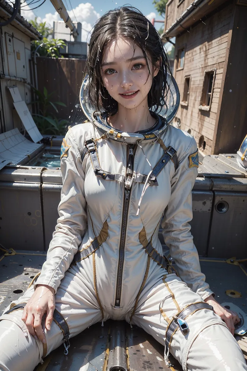白いスペーススーツに身を包んだ美少女が、工業的な屋外の背景で爽やかな笑顔を見せるアニメ調イラストです。金色のバックルとハーネスの装備、逆光で輝く黒髪が印象的な一枚。