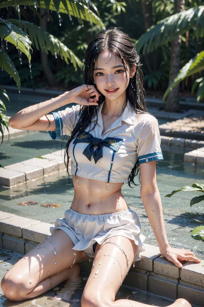 緑あふれる屋外で、学園風の白と紺のコーディネートに身を包んだ少女が、水しぶきに包まれながら明るく微笑んでいます。柔らかな陽光と清涼感のある背景が、爽やかで洗練されたファッションポートレート作品です。