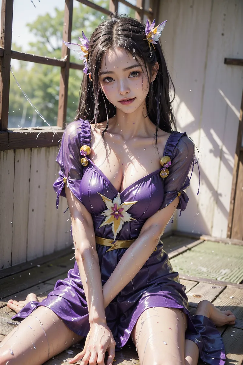 古い窓辺に佇む黒髪の美少女が、紫を基調とした優雅なドレスを身にまとい、髪飾りの花が陽光に映える柔らかな表情を見せています。木製の床と自然光のコントラストが魅力的な一枚です。