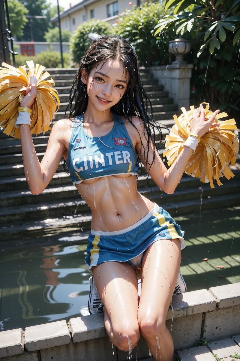 青と黄色のチアユニフォームに身を包んだ美少女が、プール畔で金色のポンポンを持ち、水しぶきを浴びながら楽しそうに笑っています。緑の植物と白い建物に囲まれた屋外の空間で、爽やかな夏の雰囲気が漂うアニメ調イラストです。