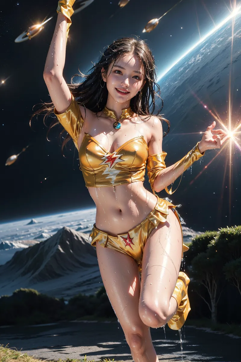 宇宙空間と惑星を背景に、金色の衣装で優雅に微笑む少女のAIイラスト。流れるような黒髪と明るい表情、流星が舞う神秘的なシーン。