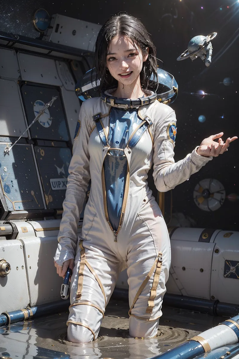 白とブルーの宇宙服に身を包み、宇宙船の船室で微笑む美少女のポートレート。星々が浮かぶ背景と機械類に囲まれた未来的な環境が、冒険心に満ちた雰囲気を演出しています。