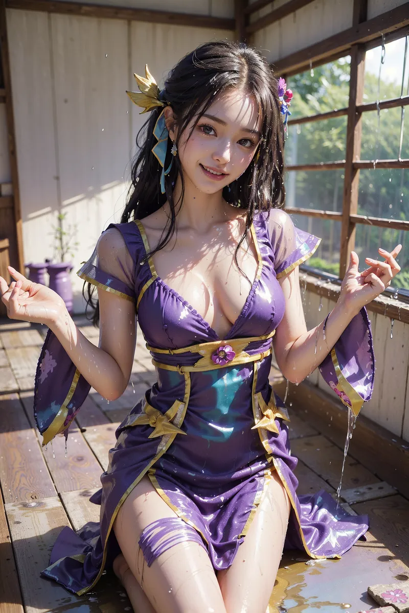 紫と金色で彩られた優雅な衣装に身を包み、髪には花飾りを施した美少女のポートレートです。木製建築の和風な室内で柔らかな日光が差し込む中、爽やかな笑顔で佇む、アニメ調イラストの魅力的なキャラクターです。