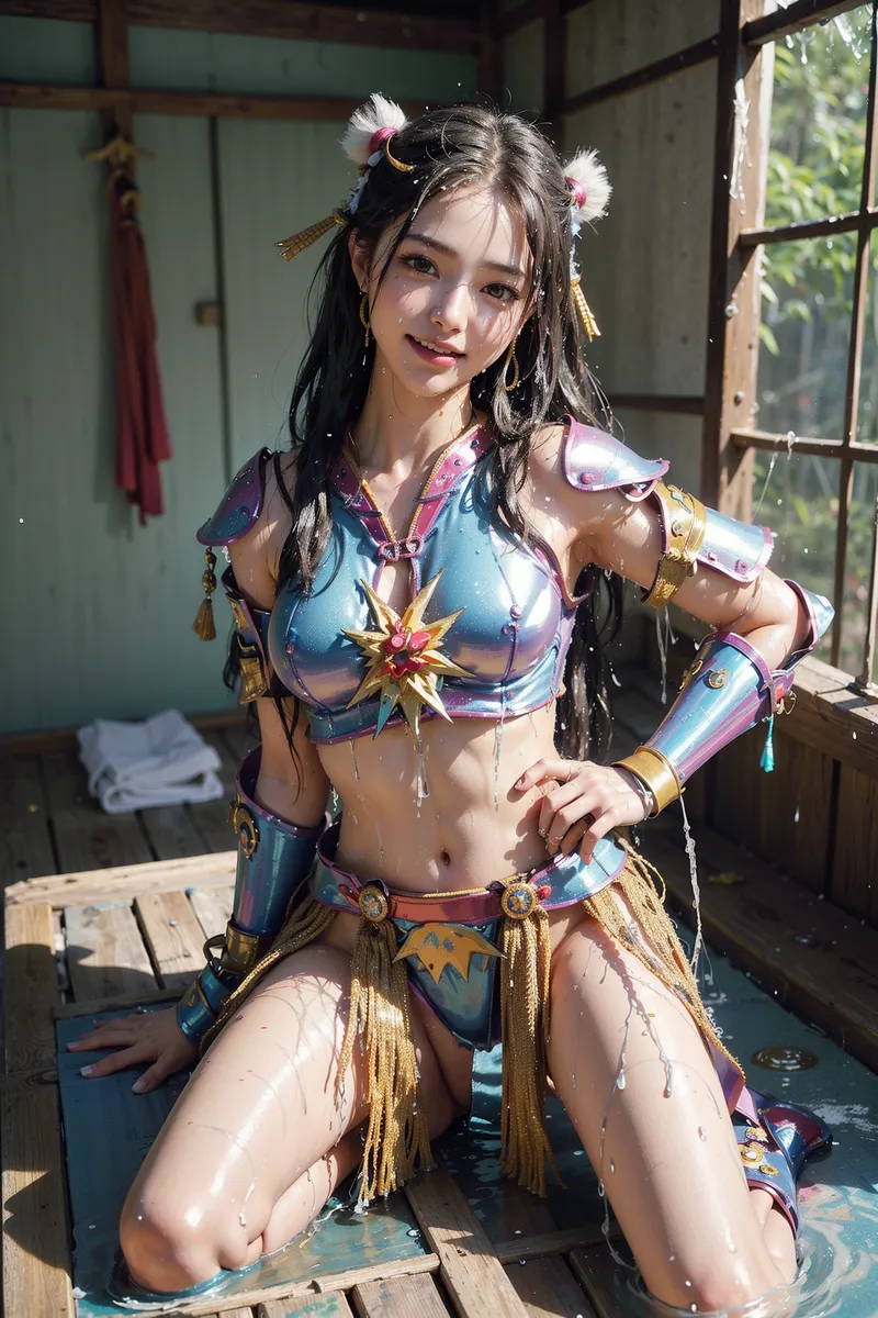 白くふわふわした髪飾りを付けた美少女が、青紫のグラデーションが美しい東洋風衣装を身に纏い、古い木造建築の中で優しく微笑んでいます。金色のアクセサリーと装飾品が輝く、アニメ調のポートレートです。