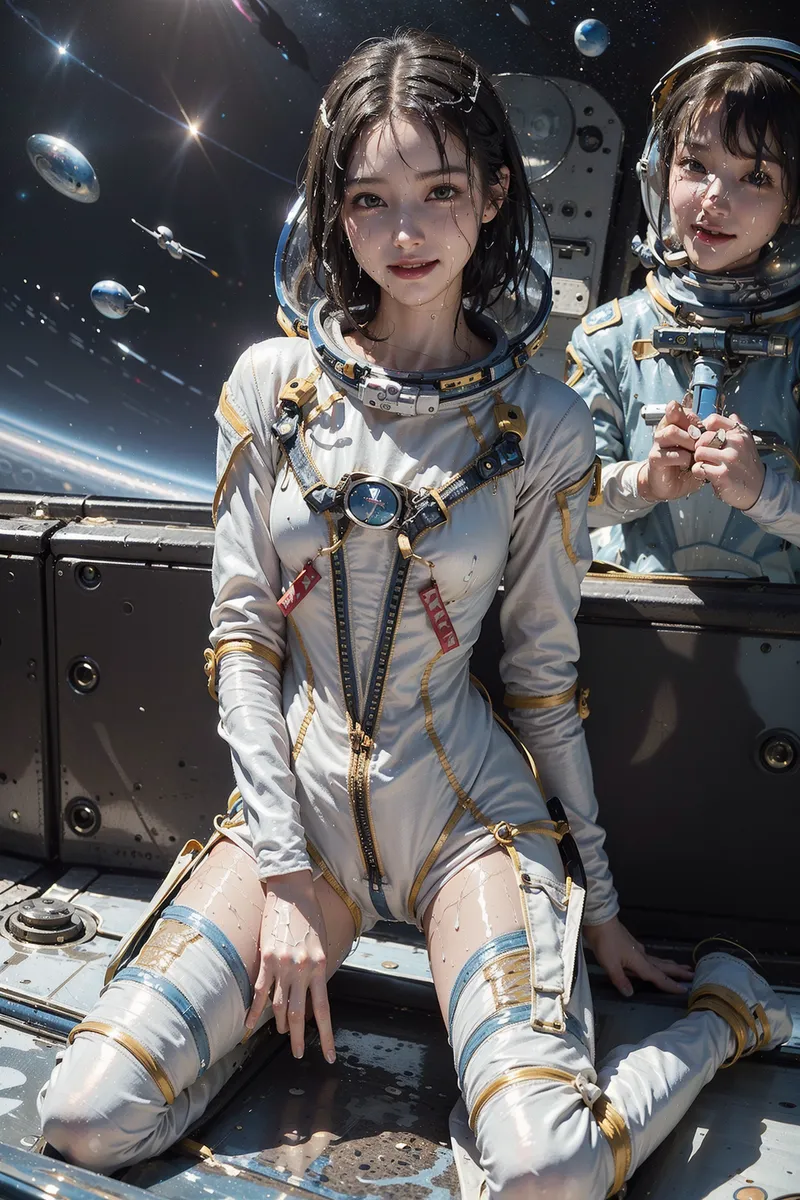 白とゴールドのモダンな宇宙服に身を包んだ美少女が、星々が輝く宇宙空間でポートレート撮影されています。繊細な顔立ちと優雅な表情が、壮大なSF背景と調和した高品質なアニメ調イラストです。