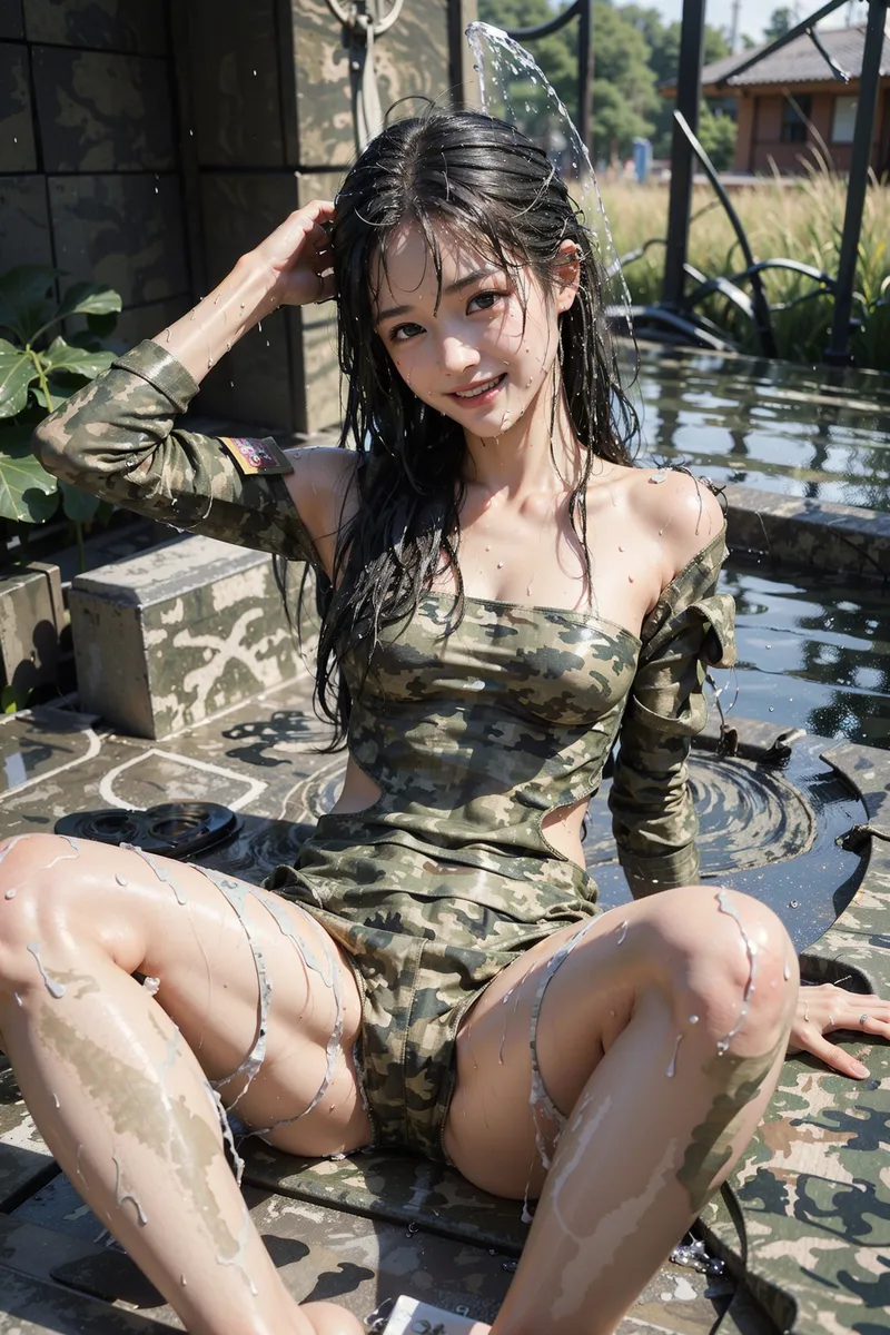 カモフラージュ柄の衣装を身にまとった美少女が、屋外の水場で水を浴びながら爽やかな笑顔を見せるポートレート。自然光が差し込む明るい環境で、濡れた髪と肌が輝き、清潔感あふれる表情が印象的です。