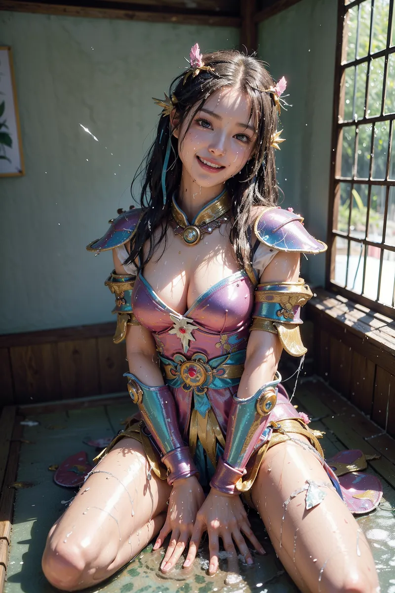 黒髪に華やかなピンクの髪飾りを付けた美少女が、金と紫で彩られた豪華な東洋風衣装に身を包み、柔らかな日差しの和室で優しく微笑んでいます。